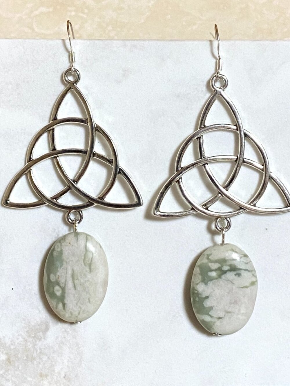 2/$20, Flower Agate Celtic Trinity Earrings, Gemstone & Sterling Silver Hooks